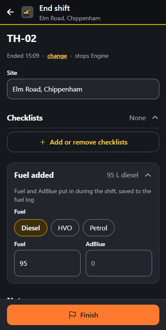 End shift screen for TH-02 at Elm Road, Chippenham: ended at 15:09 and stops the engine, the site, a Checklists section, and the Fuel added card with Diesel selected and 95 litres entered, above a Finish button.
