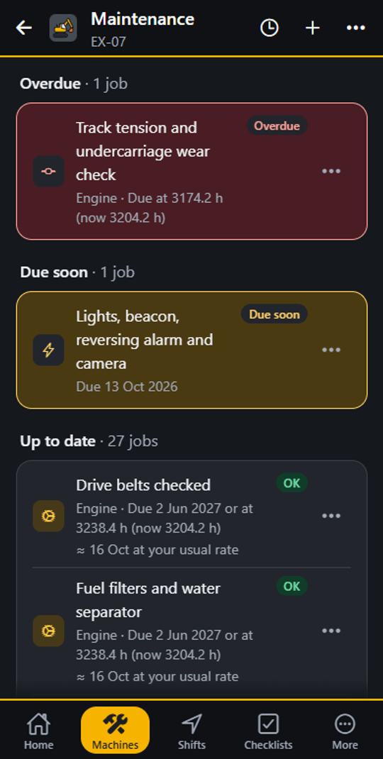 Maintenance for EX-07: Overdue, the track tension and undercarriage wear check due at 3174.2 hours with the meter now at 3204.2; Due soon, the lights, beacon, reversing alarm and camera check due 13 October; then the Up to date list of 27 jobs starting with drive belts and fuel filters, each with its due date, hours and an estimated date at the usual rate.